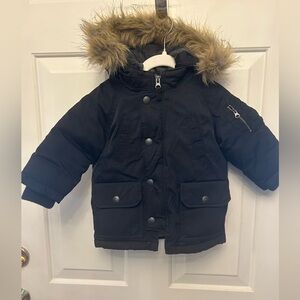 Baby Gap Boys hooded winter coat. Black 12-18 mos. Very warm. Fur trimmed hoof